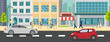 Cityscape with people walking and car on street vector illustration.Business buildings and business man walk.Urban city with car on road.Business town scene