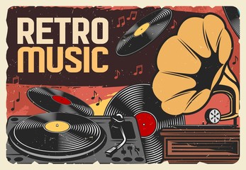 Wall Mural - Vinyl records retro music and vintage gramophone grunge poster. Vector record player and phonograph with musical notes and disks, disco party or dance club design