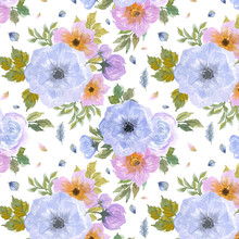 Seamless Pattern With Beautiful Blue And Purple Flowers