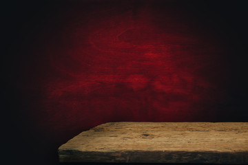 Aufkleber - Old oak Wooden table and red background wall.