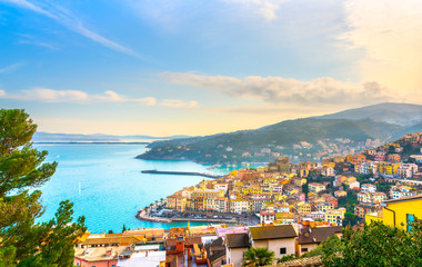 Wall Mural - Porto Santo Stefano village, church and castle aerial view. Argentario, Tuscany, Italy