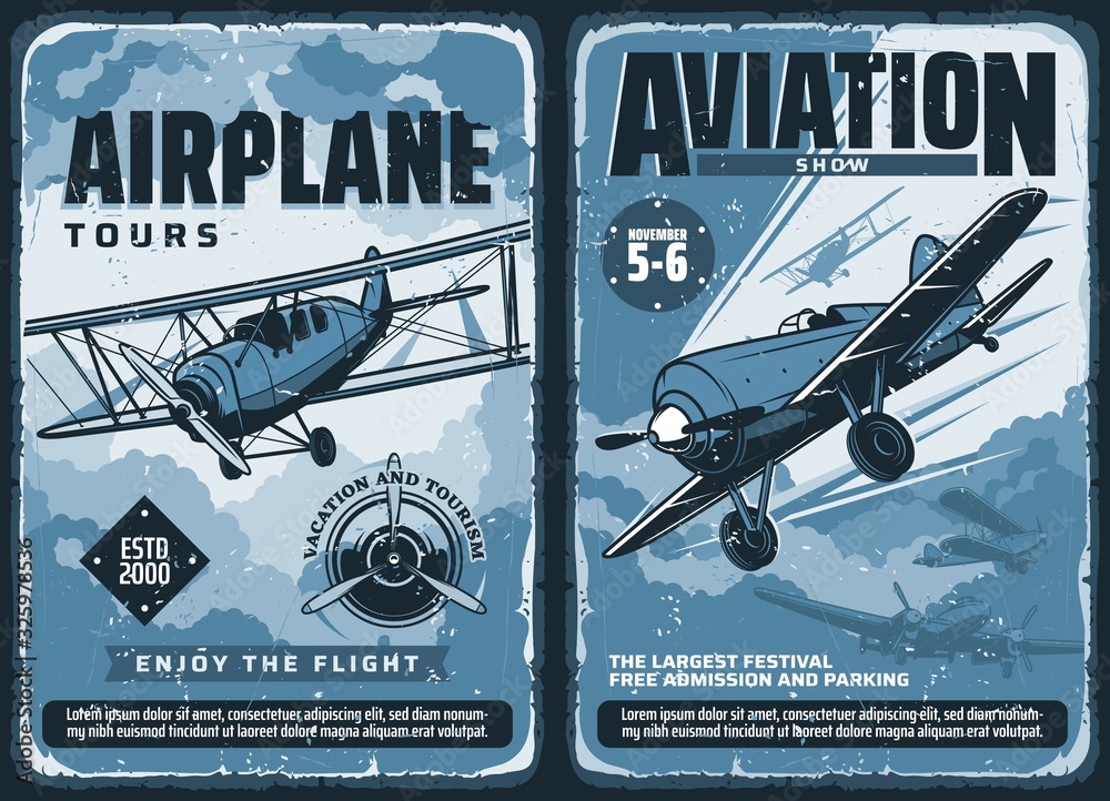 Aviation show, custom airplanes professional pilot flights festival, vector vintage retro posters. Civil aviation, military airforce and propeller airplane patriotic day aviators show - obrazy, fototapety, plakaty 