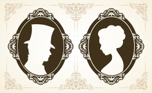 Male And Female Profile In Classic Victorian Style.