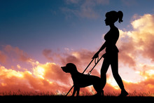 Blind Girl With Dog Silhouette At Sunset