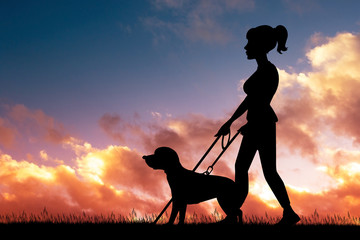 blind girl with dog silhouette at sunset