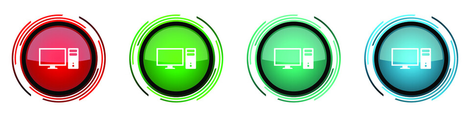 Fototapete - Computer round glossy vector icons, monitor, screen, pc set of buttons for webdesign, internet and mobile phone applications in four colors options isolated on white background