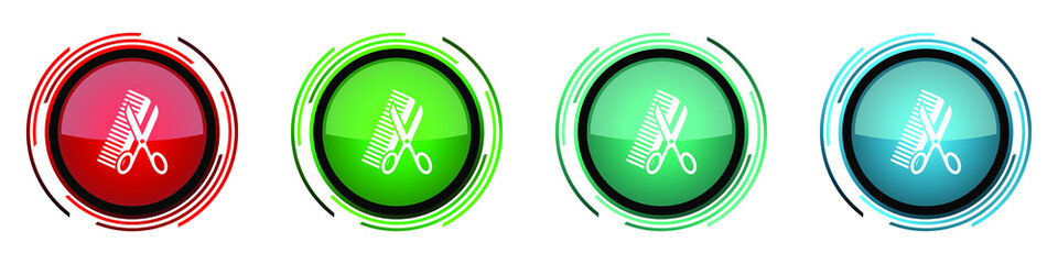 Poster - Haircut round glossy vector icons, style, hair salon set of buttons for webdesign, internet and mobile phone applications in four colors options isolated on white background