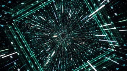 Poster - Cyber square tunnel with neon stripes. Animation. Hypnotic effect of diving into cyber space through tunnel with neon stripes and stream of shining lines