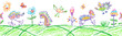 Crazy fantastic doodle birds animal or insect set on flower meadow. Seamless border background. Crayon like kids hand drawn funny flying monster vivid plant. Vector pastel chalk or pencil art border