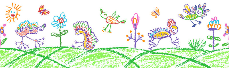 Crazy fantastic doodle birds animal or insect set on flower meadow. Seamless border background. Crayon like kids hand drawn funny flying monster vivid plant. Vector pastel chalk or pencil art border