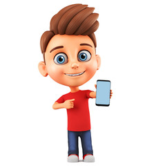 Wall Mural - Cartoon character little boy points to a mobile phone on a white background. 3d render  illustration.