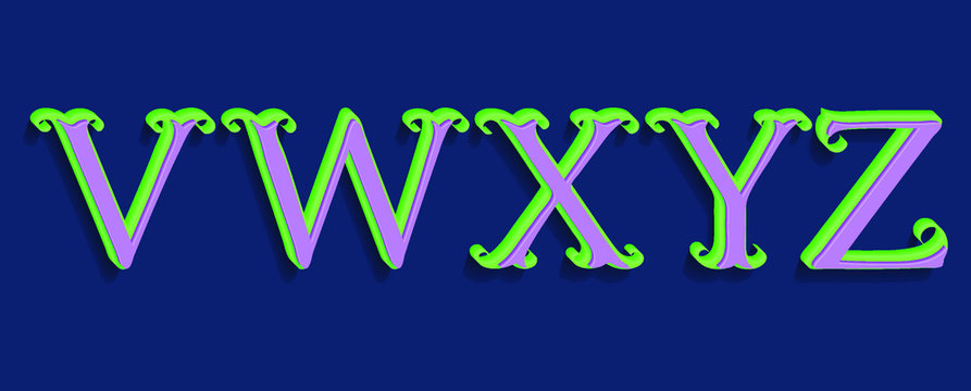 V, W, X, Y, Z green purple volumetric letters. Vintage 3d font.