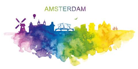 Watercolor illustration. The silhouette of the city is Amsterdam. The main attractions of Amsterdam. Rainbow city.