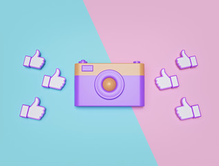 Poster - Social Network Likes with a minimal camera on pastel abstract background. Design for Web Advertisements, Promotion, Marketing, poster, banner. 3d rendering