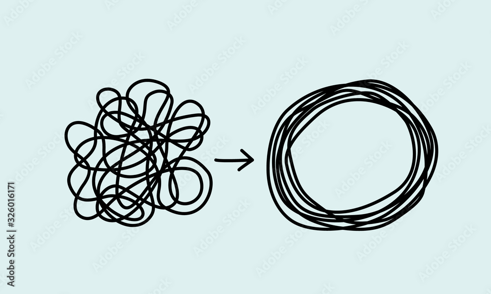Chaos and disorder turns into a formed even tangle with one line. Chaos and order theory. - obrazy, fototapety, plakaty 