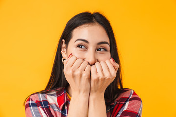 Wall Mural - Image of happy woman expressing surprise and covering her mouth