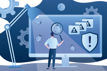 Errors on monitor screen, male system administrator searches and deletes infected files.
