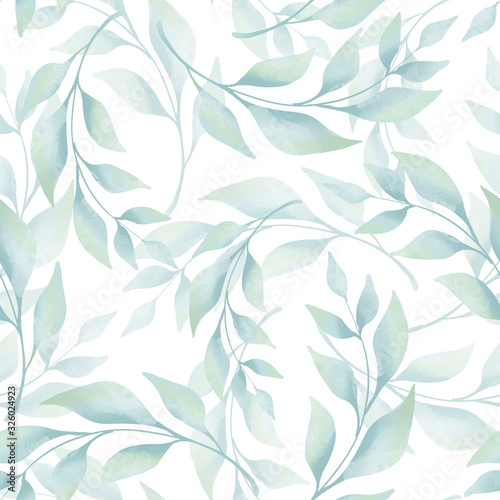 Tapeta ścienna na wymiar Green leaves and branches seamless pattern on white. Watercolor illustration