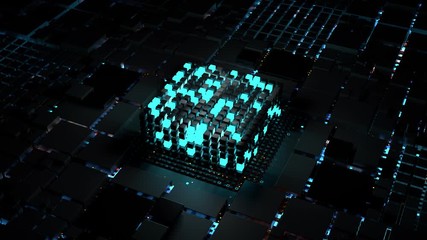 Poster - colorful 3d render of abstract computing process. artificial intelligence theme. digital cpu. techno