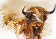 Bull. animal illustration. Watercolor hand drawn series of cattle. Scotish Highland breeds.