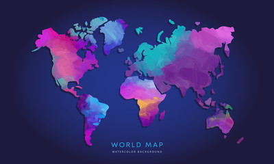 Vector hand drawn watercolor world map isolated on dark background