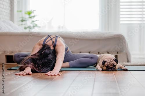 Cuadros en Lienzo woman practice yoga with dog pug breed