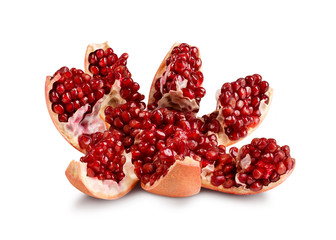 Poster - Ripe open pomegranate on a white background. Juicy pomegranate closeup. Opened pomegranate fruit.