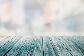 Light Blue Winter Backdrop. Product Display Empty Wooden Table with Blurred Background.