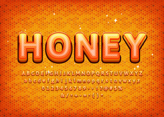 Aufkleber - Sweet Honey alphabet with realistic pattern. Numbers, 3d letters, symbols. Vector illustration.