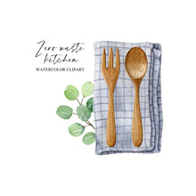 Zero Waste Watercolor Kitchen Concept Isolated On White Background. Wooden Cutlery On Linen Napkin And Eucalyptus Branch. Bamboo Fork And Spoon. No Plastic, Organic, Eco-friendly Lifestyle.