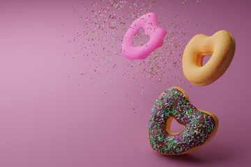 Heart shaped two pink donuts with topping on colorful background ,doughnut 3d rendering