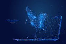Abstract Polygonal Butterfly Flies Out Display Of Laptop. Blue Low Poly Wireframe Digital Vector Illustration. Freedom And Faster Internet Connection Concept. Polygons, Particles And Connected Dots.