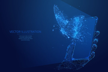 Leinwandbilder - Abstract free internet or freelance work concept. Butterfly flies out of smartphone screen. Low poly wireframe digital vector illustration. Blue starry night sky style. Polygons and connected dots.