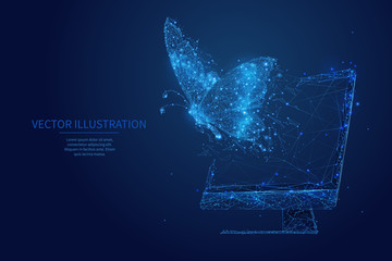 Canvas Print - Butterfly flies out from pc monitor screen. Free internet or freelance work digital concept. Freedom. Low poly wireframe vector illustration. Polygons, particles and connected dots on blue background