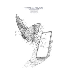 Free Internet Concept. Free Wifi Metaphor Isolated On White Background. Polygonal Butterfly Flies Out Of Smartphone Screen In A Hand. Low Poly Wireframe Digital Vector Illustration. Polygons And Dots.