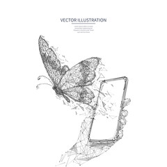 Leinwandbilder - Free internet concept. Free wifi metaphor isolated on white background. Polygonal butterfly flies out of smartphone screen in a hand. Low poly wireframe digital vector illustration. Polygons and dots.