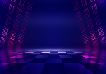 Aufkleber - Background empty show scene. Ultraviolet dark abstract background. Geometric neon shapes, neon glow, blue and pink lighting