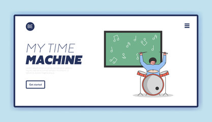 Wall Mural - Musical Education Concept. Boy Playing Drums. Website Landing Page. Student Take a Music Course Playing Percussion At The Music School. Web Page Cartoon Linear Outline Flat Style. Vector Illustration