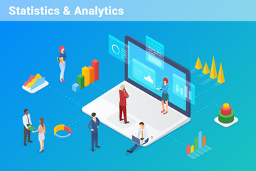 Poster - statistics analyse data information on laptop notebook isometric flat design vector illustration.
