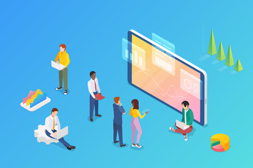 Poster - statistics analyse data information online on mobile phone smartphone isometric flat design vector i