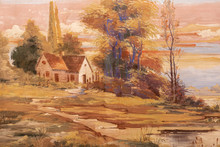 Oil Rural Landscape Paintings, River, Village, Fine Art, Digital