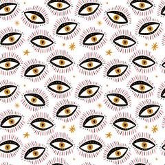 Seamless pattern illustration with witch eyes and stars. Vector EPS