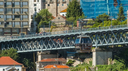 Wall Mural - Old colorful houses in old part of Porto and cable car over Douro river timelapse