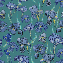 Irises Flowers. Vector Illustration, Seamless Pattern Based On The Oil Painting Of Van Gogh.