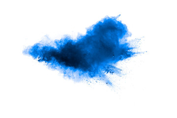 Wall Mural - Blue color dust particles explosion cloud on white background.Color powder splash.