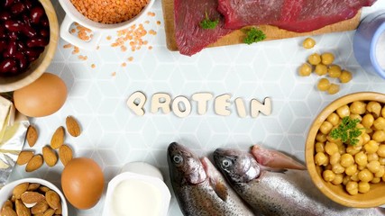 Wall Mural - assorted of high food protein- fish, beef, cereal, bean, egg composition
