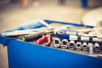 Tool box : workshop tools for repairing , building in film tone effected. Selective focused