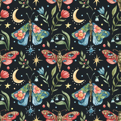 Watercolor occult seamless pattern. Illustration of butterflies-girls, flowers, branches, leaves, berries, moon, night stars.Black background.