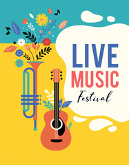 Summer fest, concept of live music festival, jazz and rock, food street fair, family fair, event poster and banner colorful vector design
