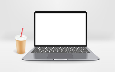 Poster - Modern laptop with empty screen with beverage on a table